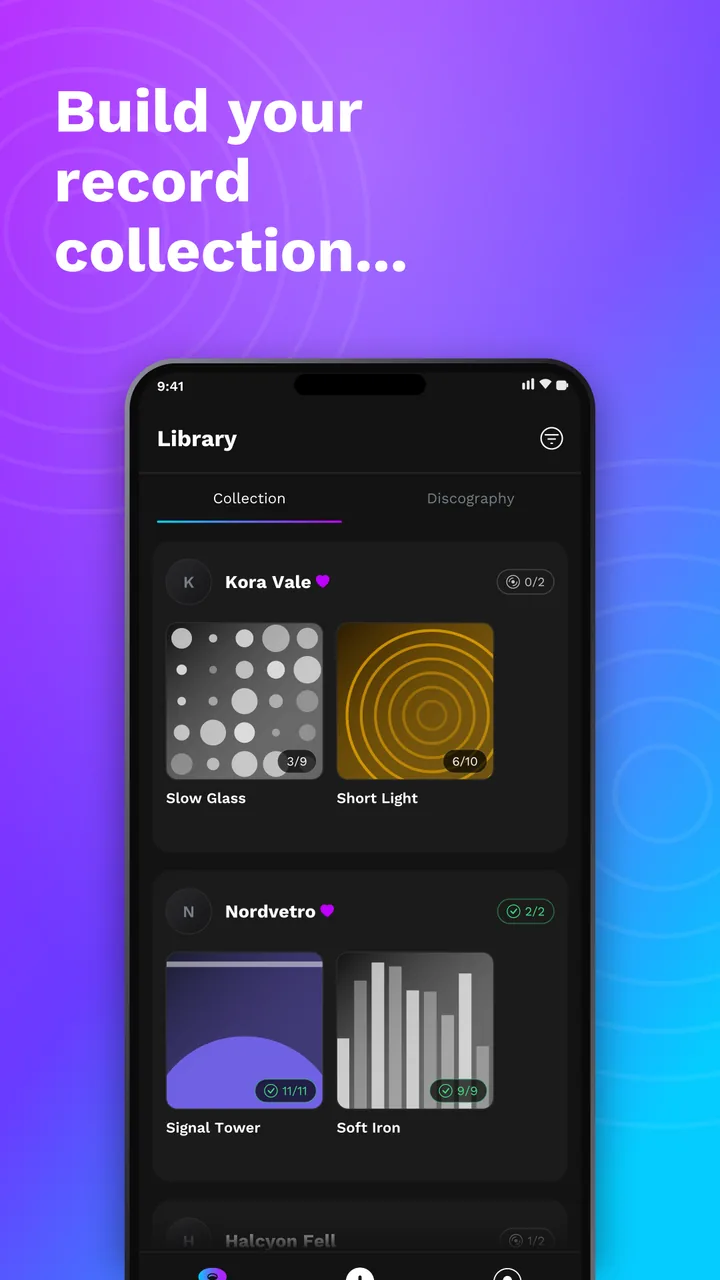 The library screen: albums grouped by artist, with how much of each one you have listened to