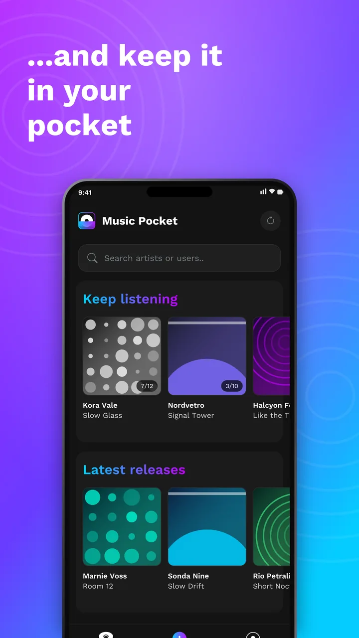 The home screen with your collection and the artists you follow